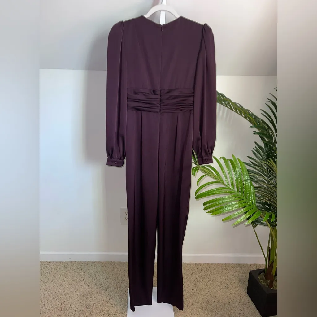 MAC DUGGAL long sleeve v‎ neck satin jumpsuit in plum purple size 6 - Image 6