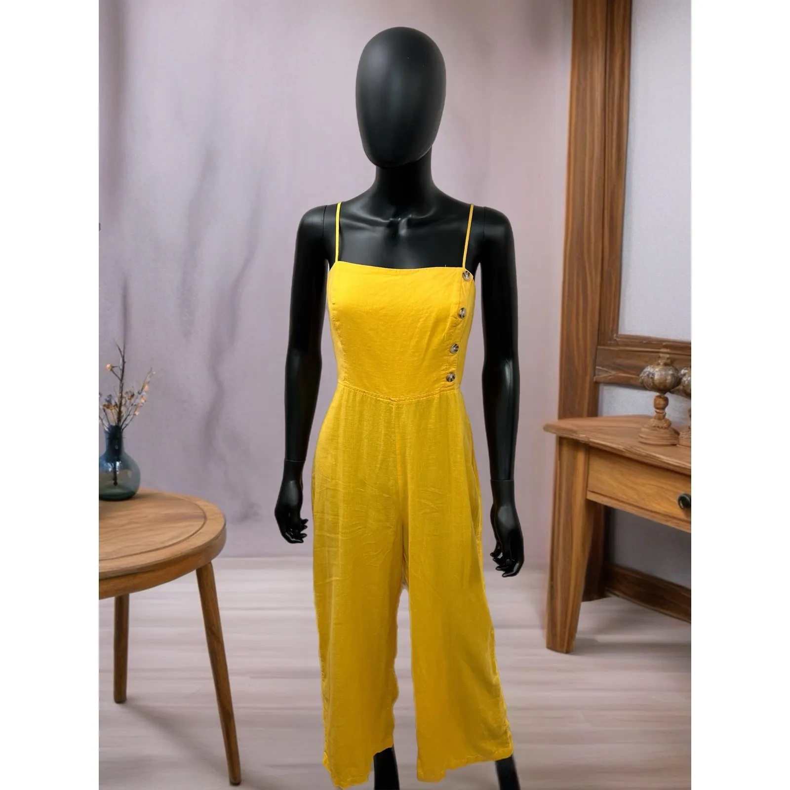 Urban Outfitters Linen‎ Rayon Jumpsuit Sz 10 – Yellow Wide Leg Romper - Image 2