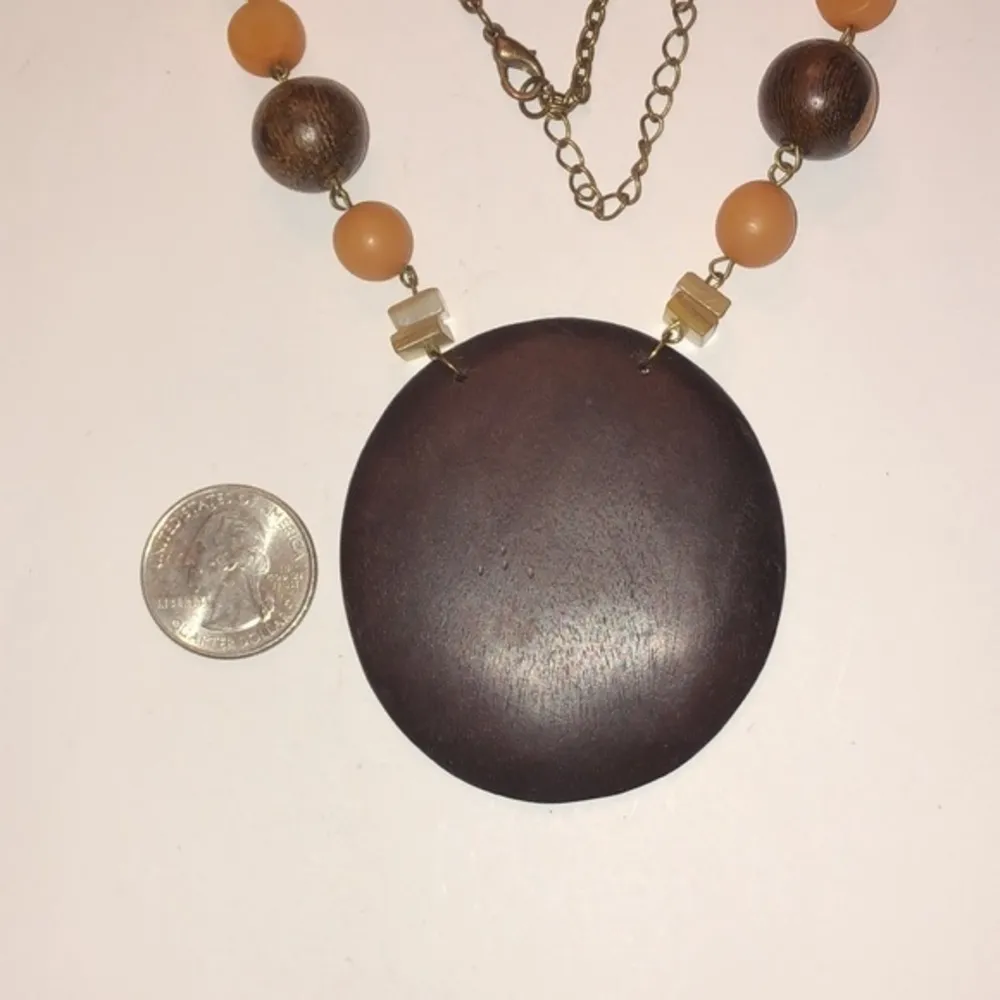 Vintage Wooden Pendant & Soft Satin Gold Beaded Chain Boho Necklace Brown - Image 2