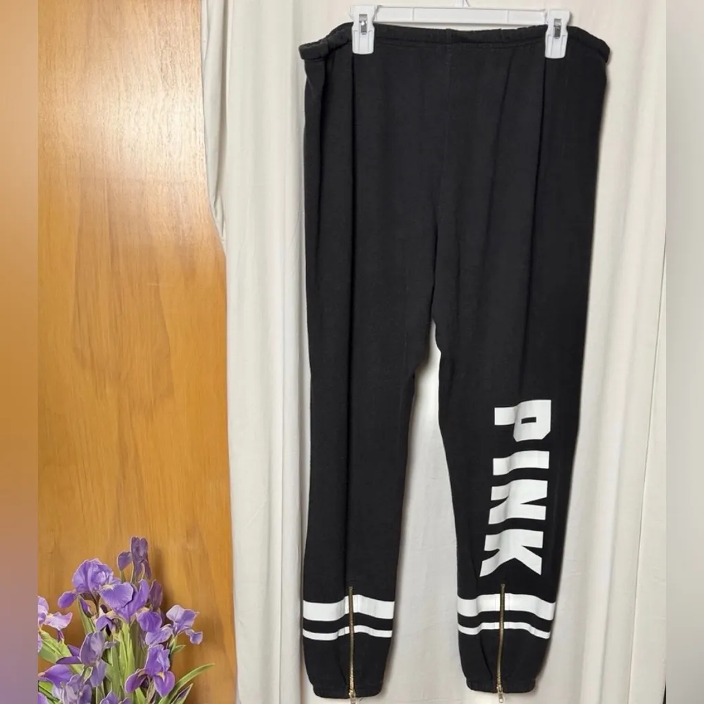PINK Victoria’s Secret Black Sweatpants with White Stripes Size Large - Image 5
