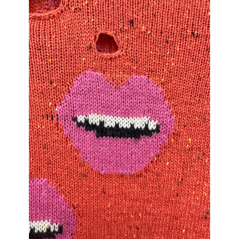 Wildfox Motormouth Sunday Red Pink Lip Print Distressed Relaxed Sweater Dress M - Image 5