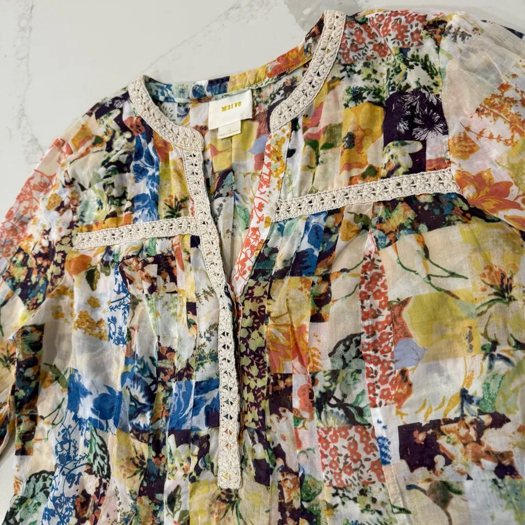 Maeve x Anthropologie Abella Floral Patchwork PinTuck Popover Blouse Women’s 12 - Image 5