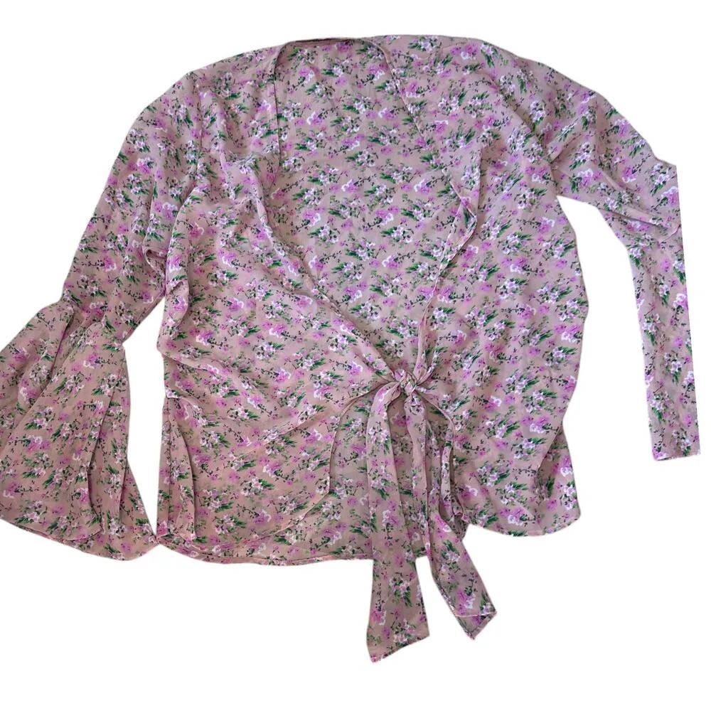 Glory Ang Pink Floral Flair Bell Sleeve Cottagecore Tie Wrap Blouse Retro Boho S - Image 3