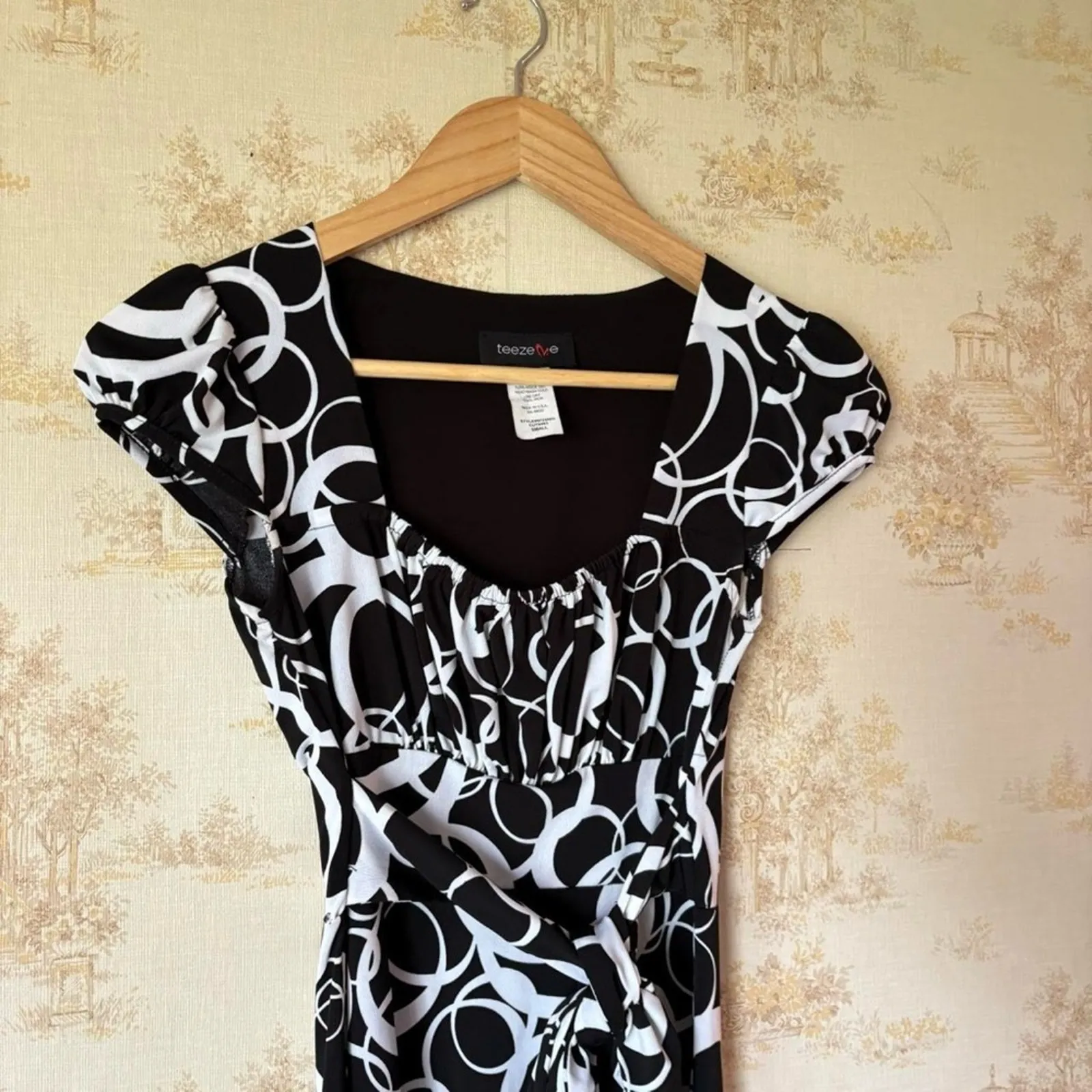 Vintage y2k Teeze Me black white geometric circle print cap sleeve mini dress S - Image 3