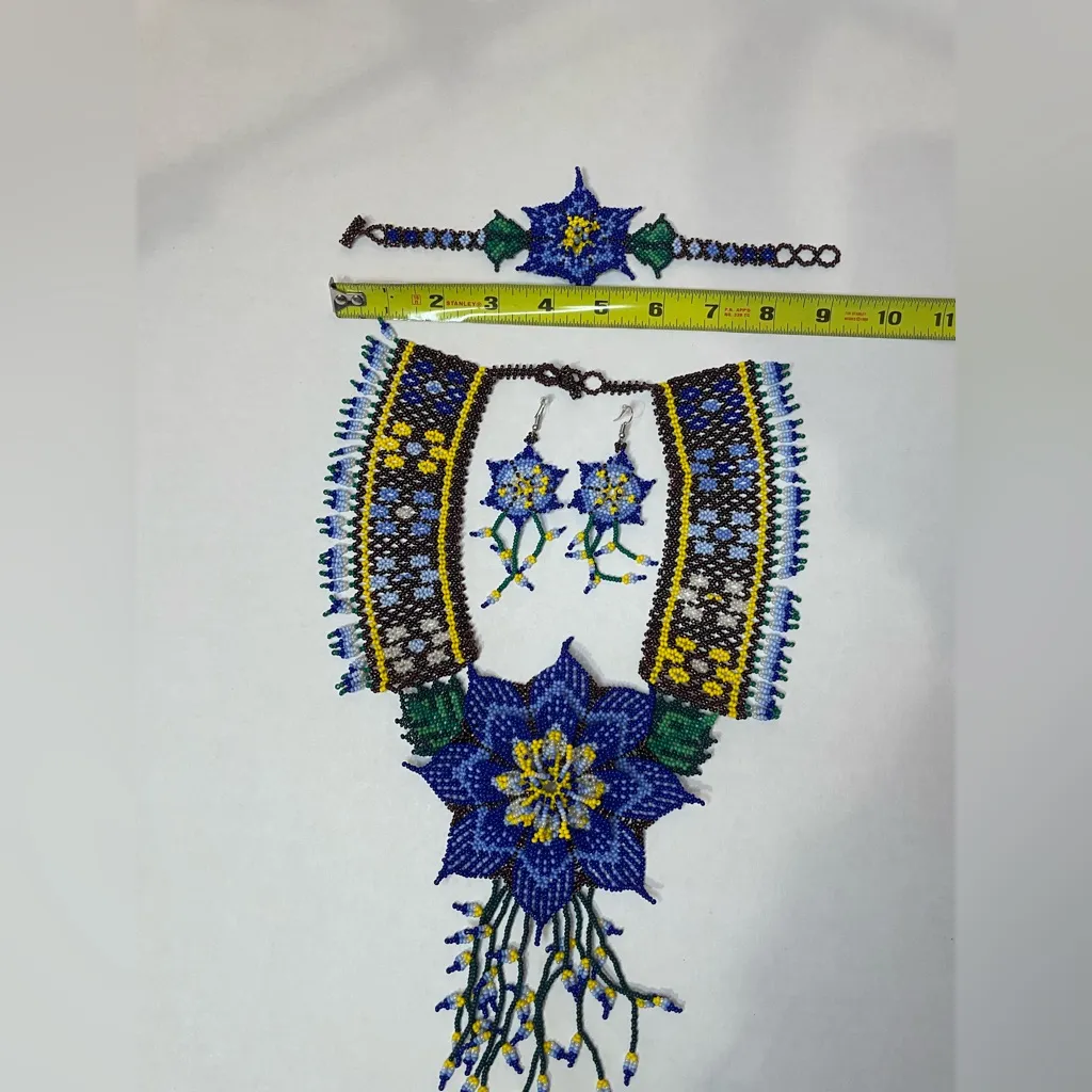 Handmade Blue (multicolor) Beaded Floral Jewelry Set - Image 3