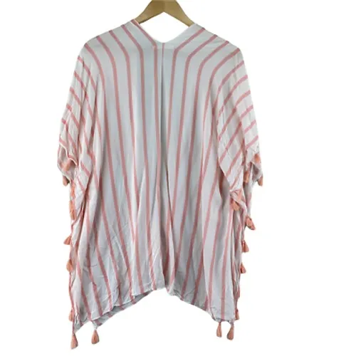 Do Everything In Love Shawl Womens One Size White Pink Stripe Beachy Fringe - Image 2