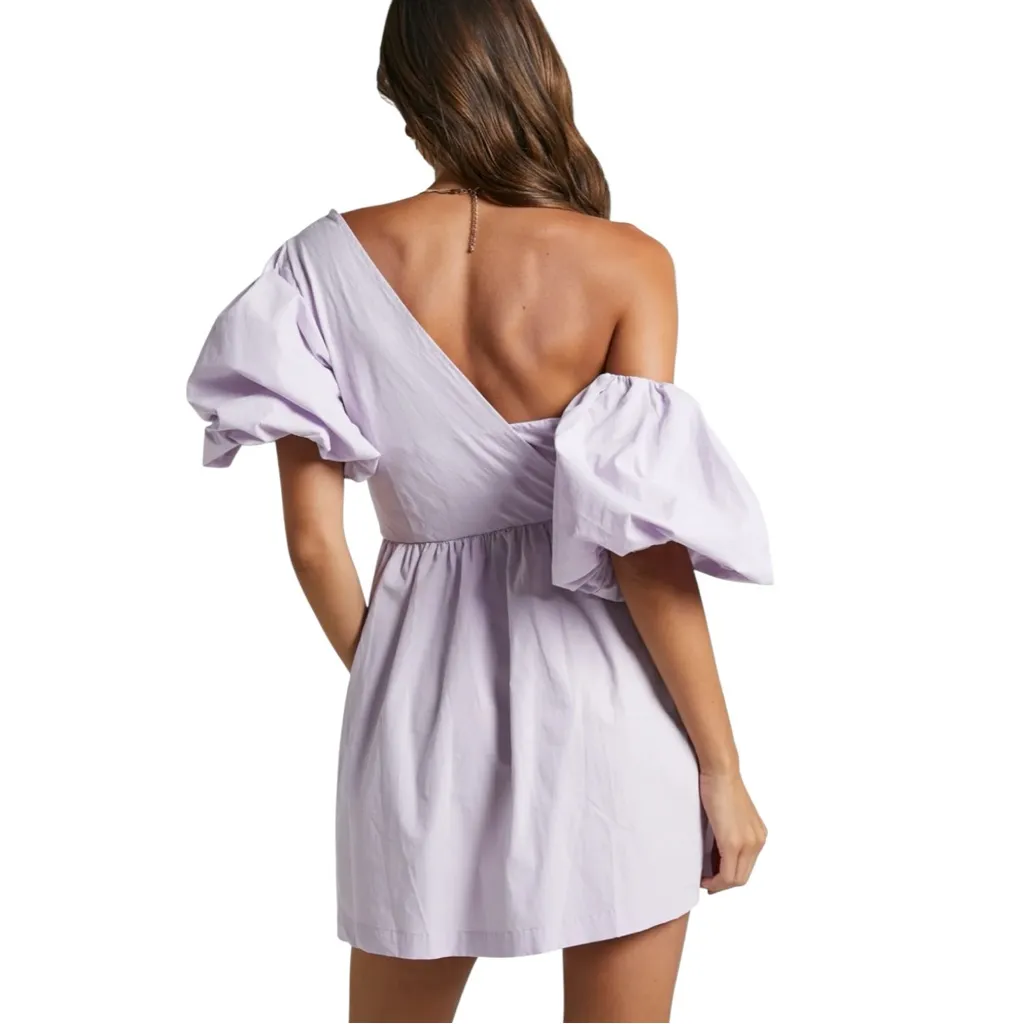 NEW Showpo. Lavender Purple Sula Asymmetric Off One Shoulder Puff Sleeve Dress Size 12 - Image 4