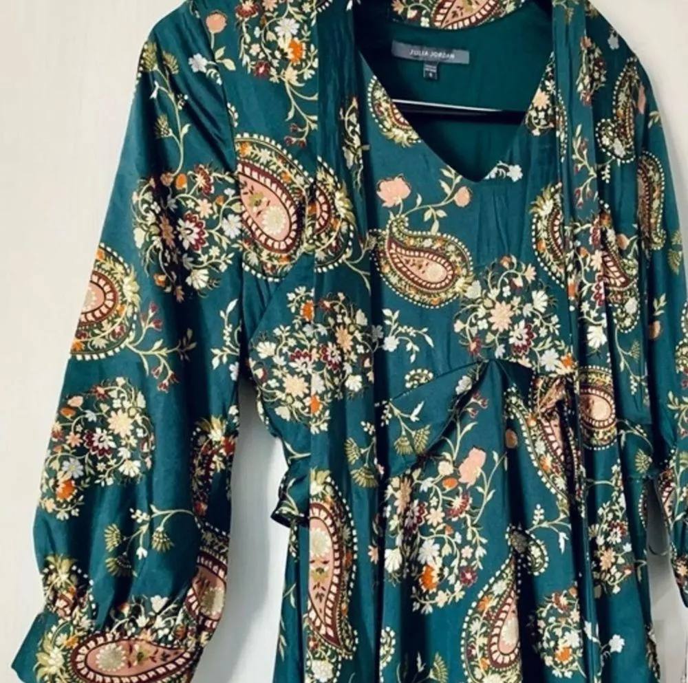 Long Sleeve Tie Neck Printed Chiffon Dress. Green paisley print - Image 2