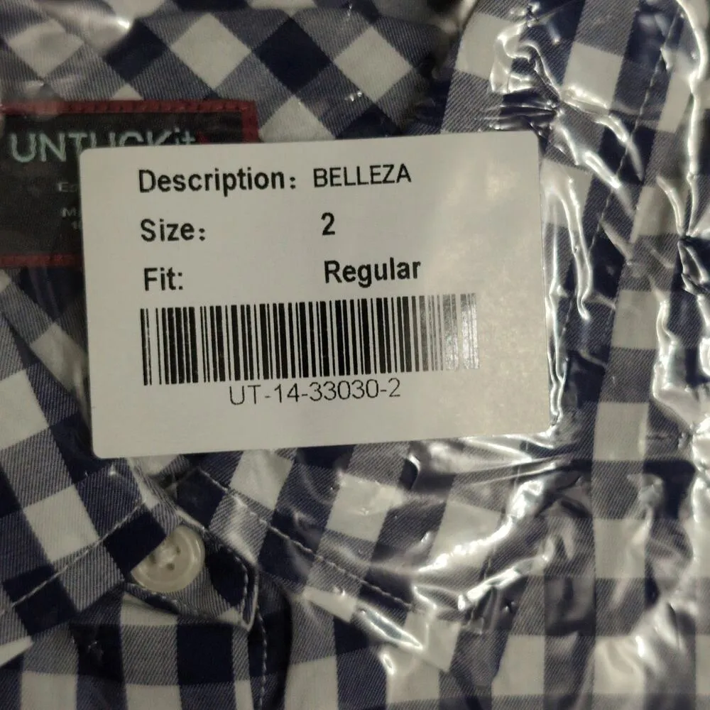 NWT UNTUCKIT Belleza Navy Gingham Button Down Regular Fit Long Sleeve Shirt Sz 2 Blue - Image 11