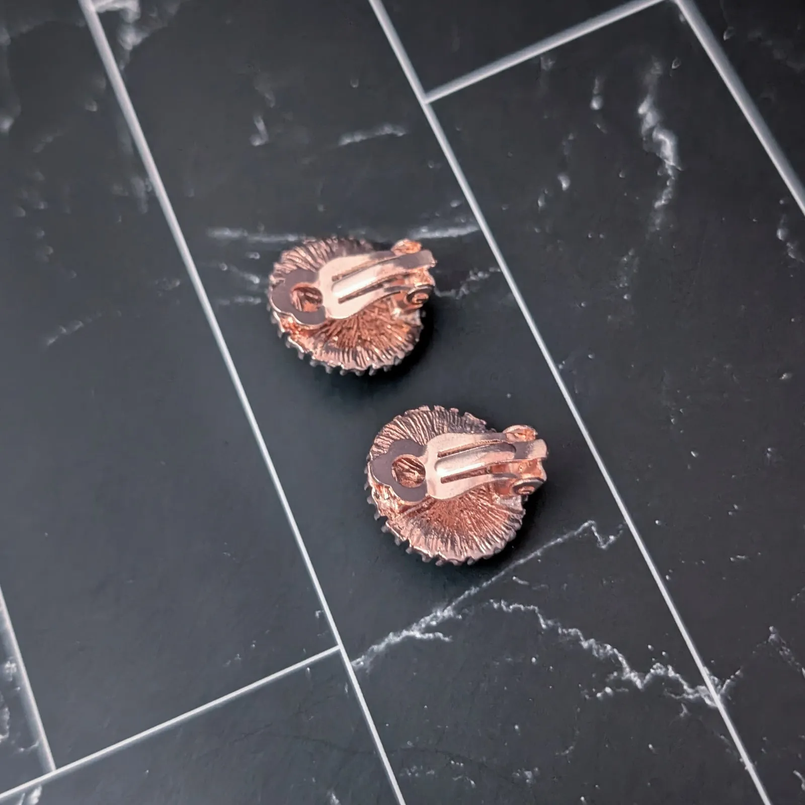 Vintage Clip On Earrings Elegant Rose Gold Tone, Faux Pearl, Clear Gem Halo - Image 6