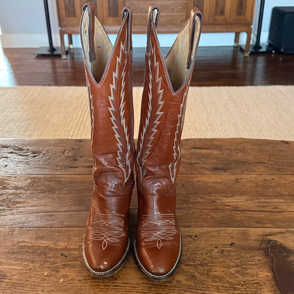 Womens Abilene Brown Leather Handmade Tall Vintage Western Boots Size 5.5 - Image 3