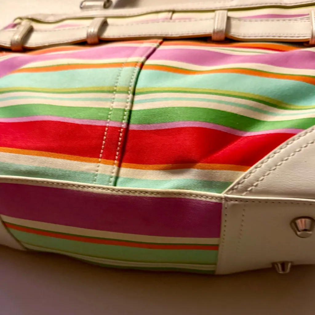 Coach Multicolor Striped Canvas Tote Bag White Leather Trim - Image 9