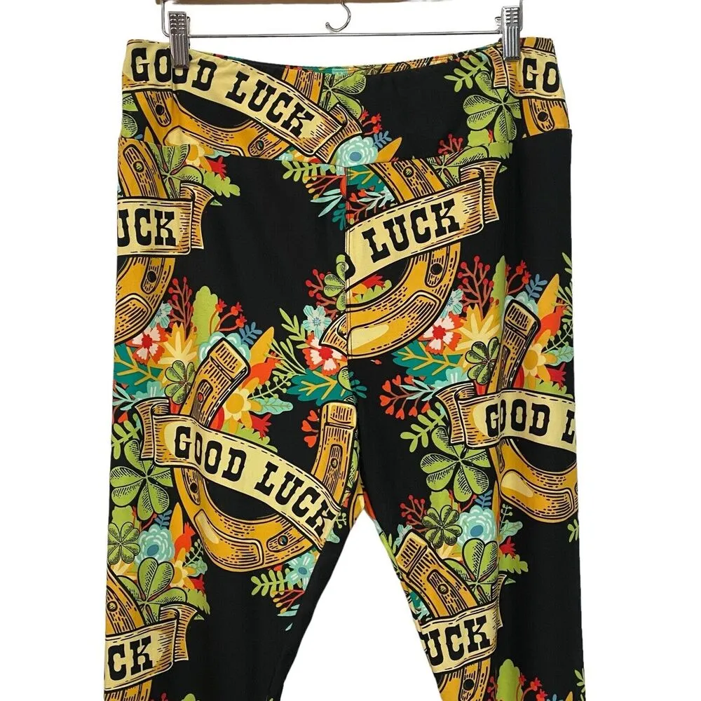 Lularoe TC2 Leggings Good Luck Horseshoes Saint Patrick Day Clover Black HTF - Image 2