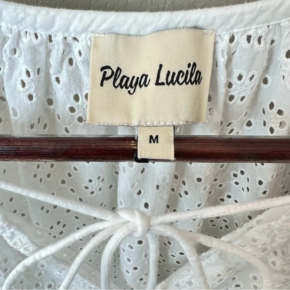 Playa Lucila white eyelet mini dress cover up, ellbow length puff sleeves,size M Size M - Image 6