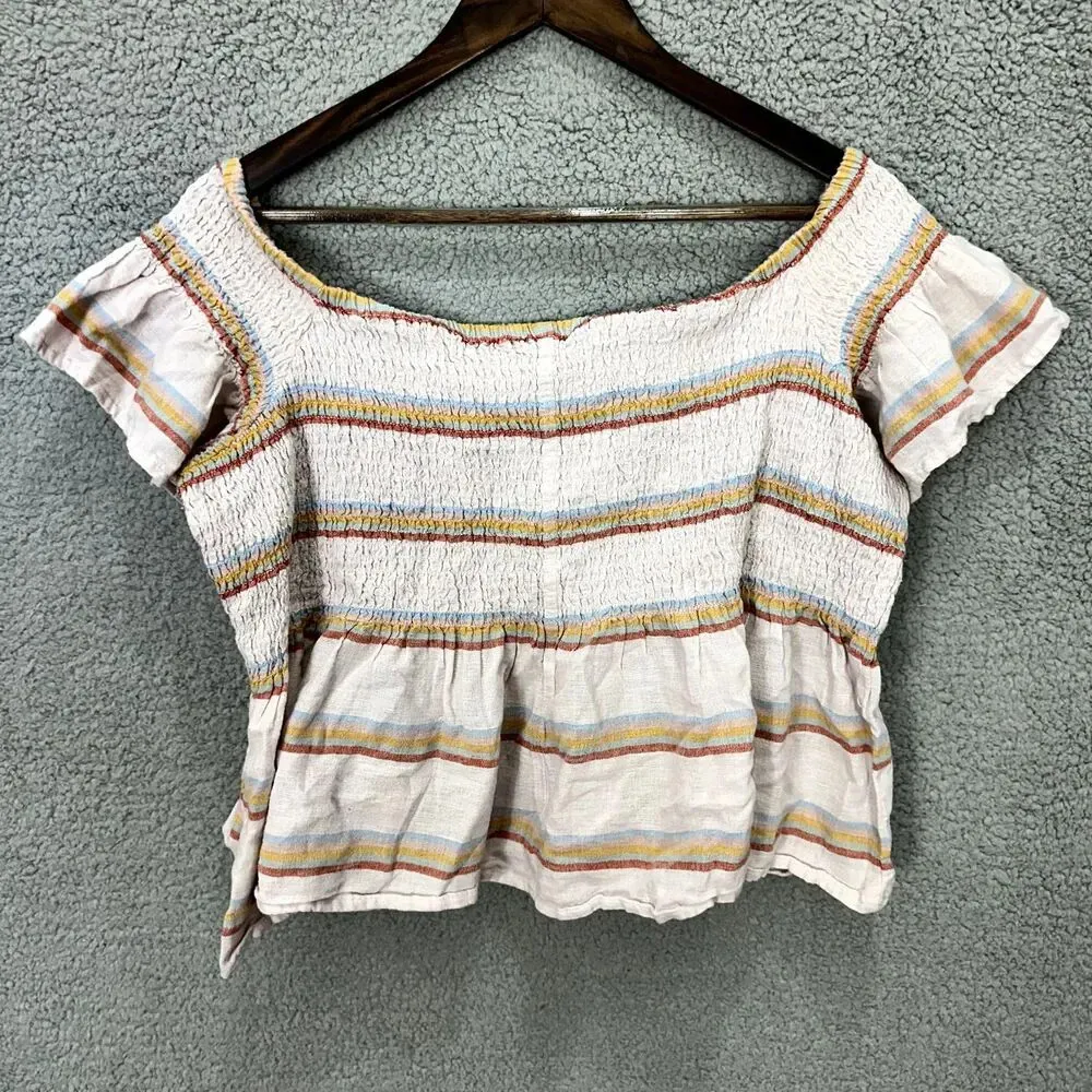 American Eagle top womens XXL pink striped babydoll‎ smocked boho western kawaii - Image 7