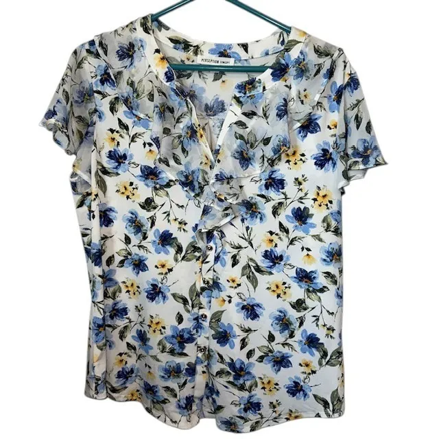 Perseption Concept Floral Ruffle Blouse Button Down Top Short Sleeve Size‎ L Blue Size L - Image 4