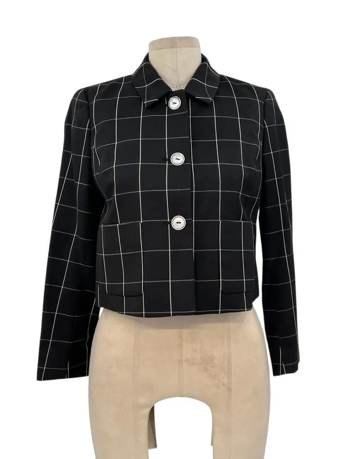 Brooks Brothers Black Windowpane Print Cropped Blazer Wool Size 2P Petite - Image 1