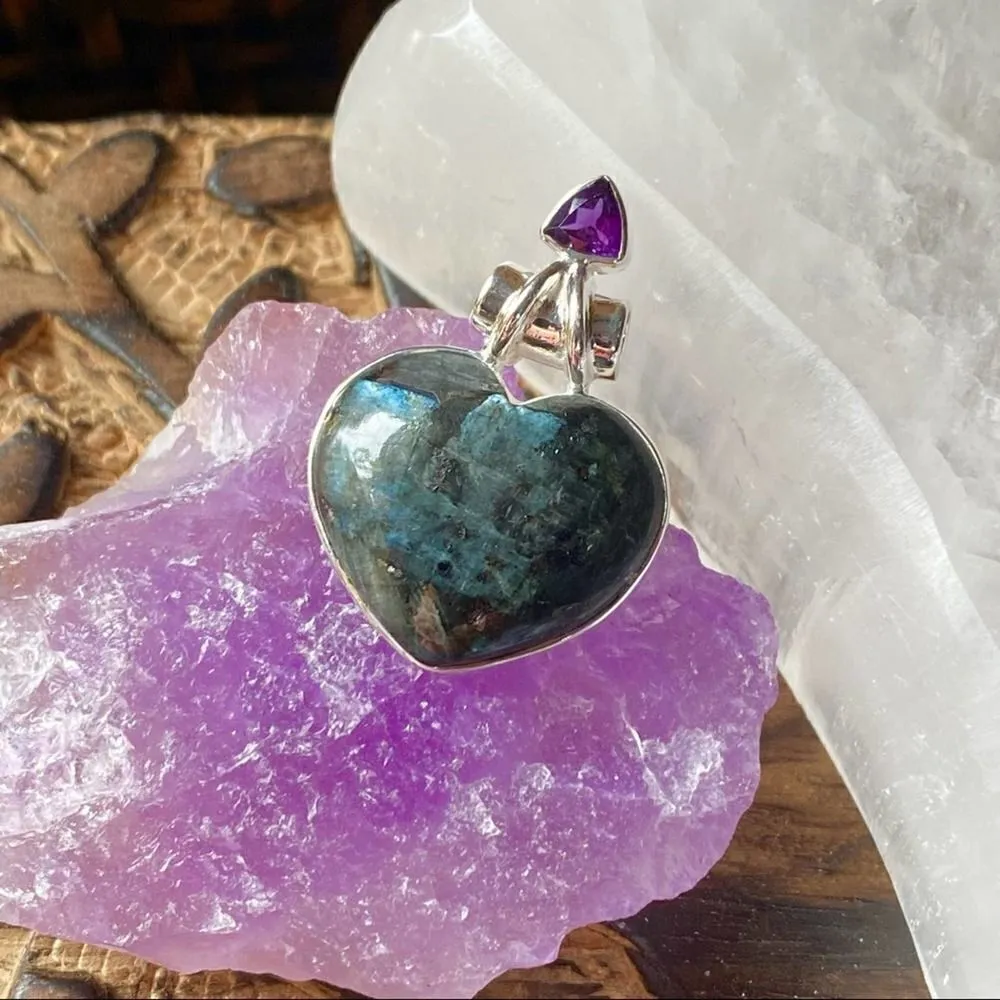 Larvikite black Moonstone & Amethyst Solid Sterling Silver Heart Pendant Blue - Image 2
