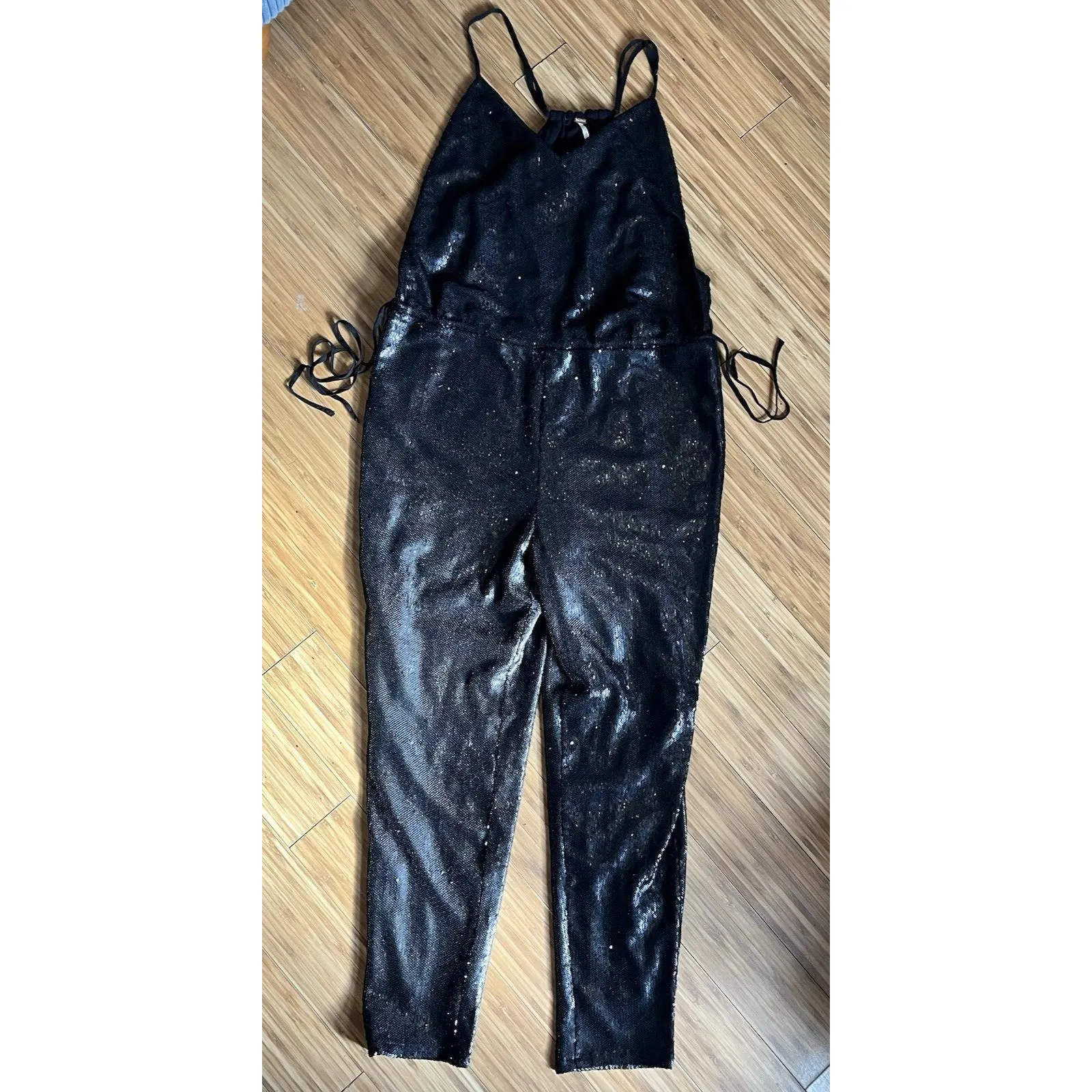Free People Jumpsuit Womens XS New Years Black Tie Shiny Sequined Pantsuit - Image 11