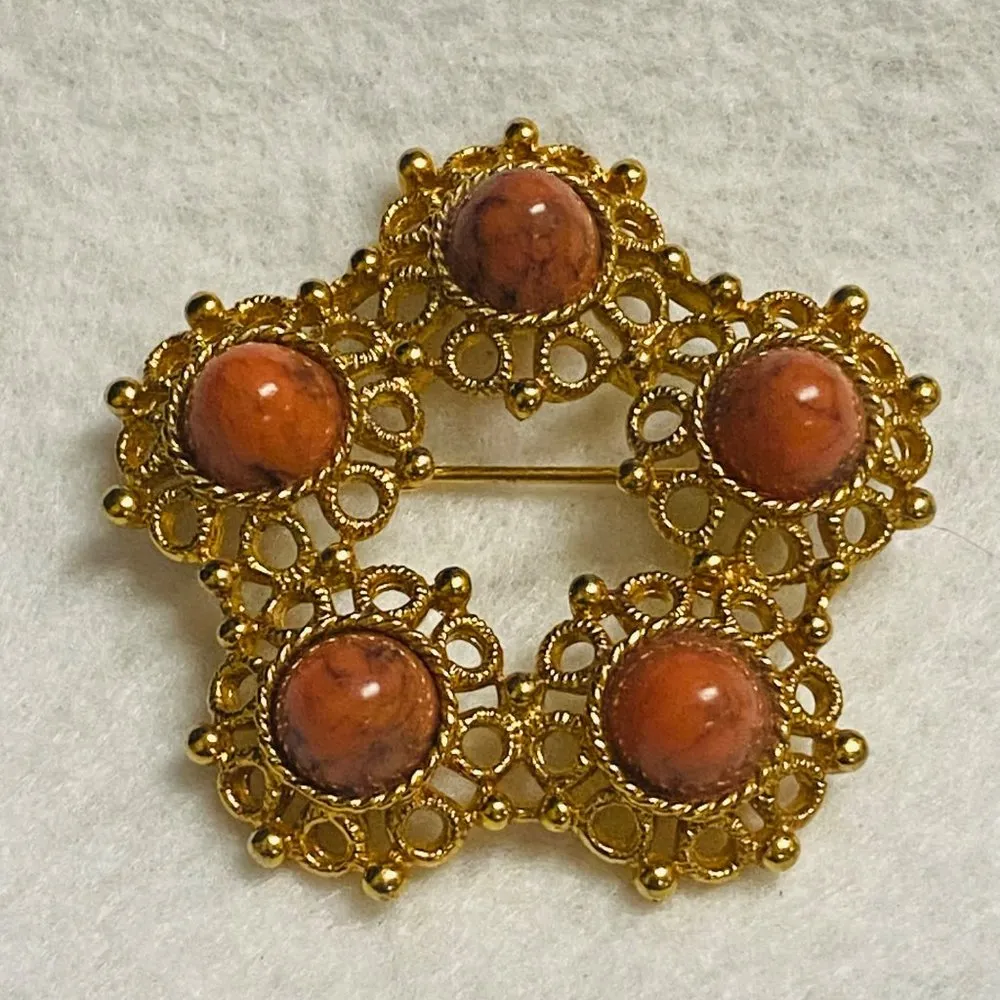 Sarah Coventry Jewelry Pin Brooch Gold Color Metal Stone Settings Filigree Style - Image 13