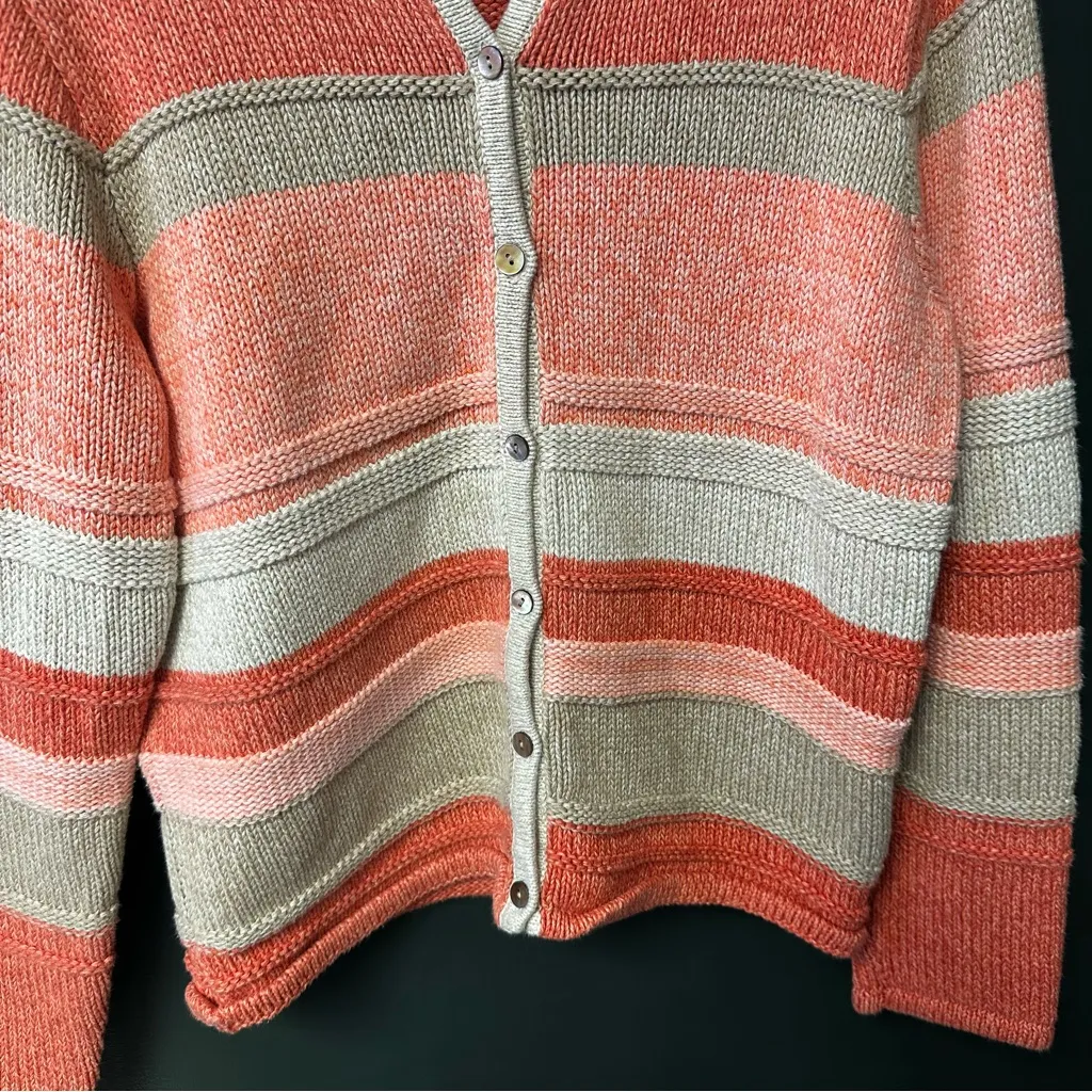 L.L. Bean 100% Cotton Cardigan Sweater Womens Small Colorblock Stripes Knit Pink - Image 3