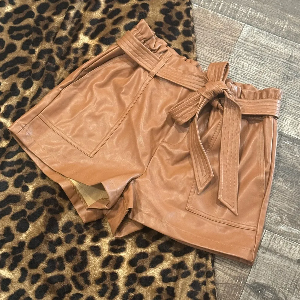 Chocolate pleated high waist belted faux leather shorts size L Tan Size L - Image 7