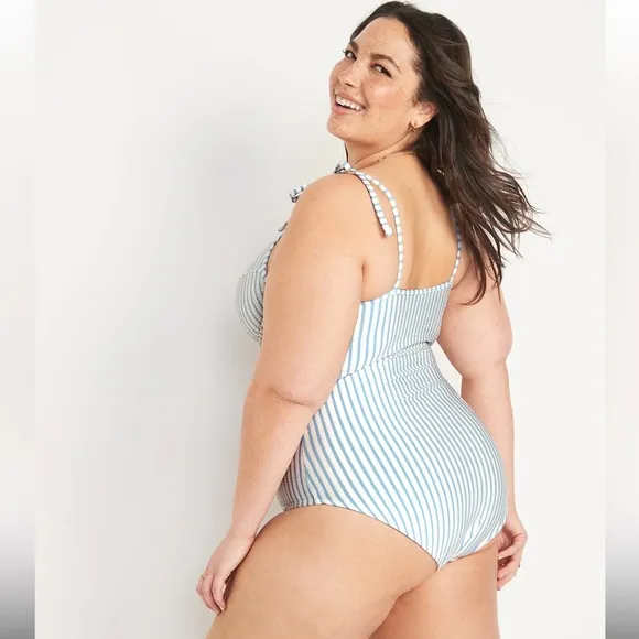 Old Navy Swimsuit Tie-Shoulder Striped Seersucker Underwire One Piece 4X New - Image 2