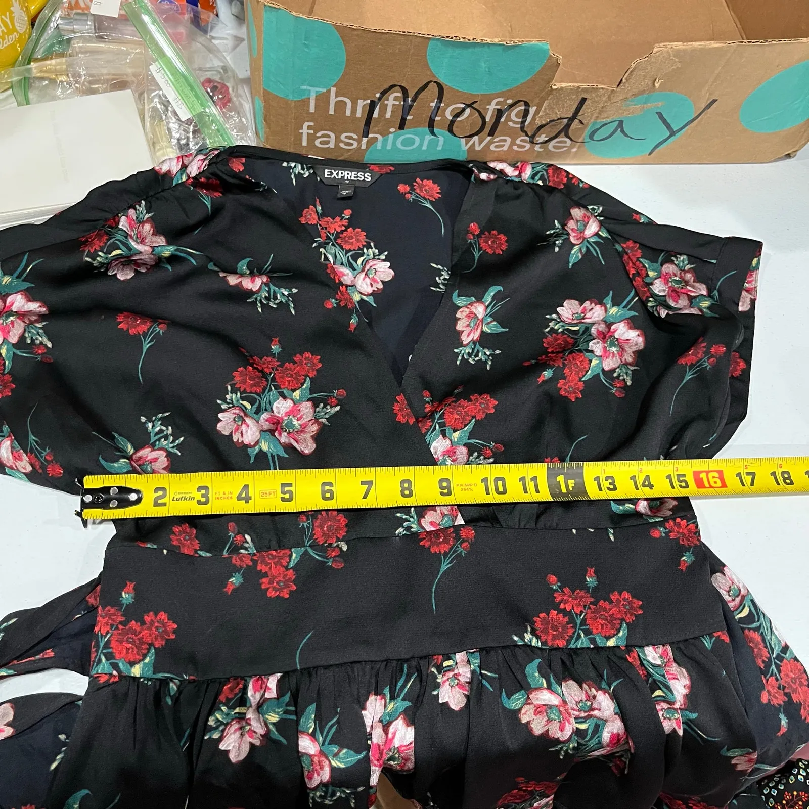 Express Black Rose Red Floral Peplum Tie Back Dark Floral Top Goth Whimsy Small - Image 8