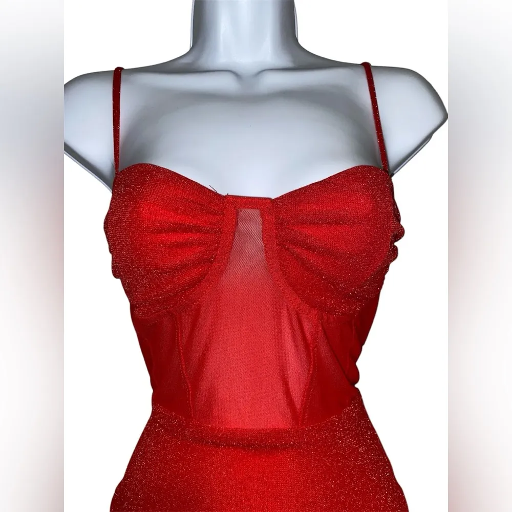 princess polly red sparkly tank top bodysuit with mesh cutouts - Image 3