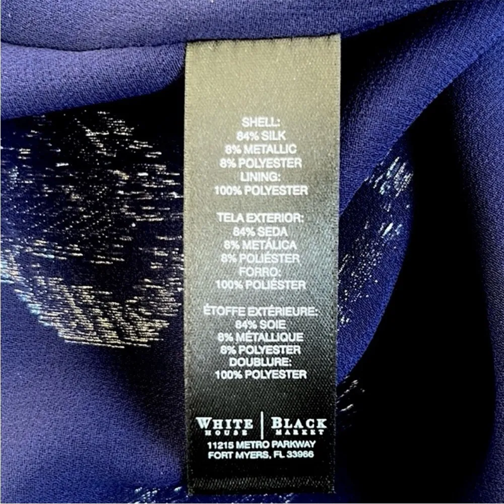 NWT White House Black Market Skyfall Feather Silk Blend Top Navy Silver Medium - Image 9