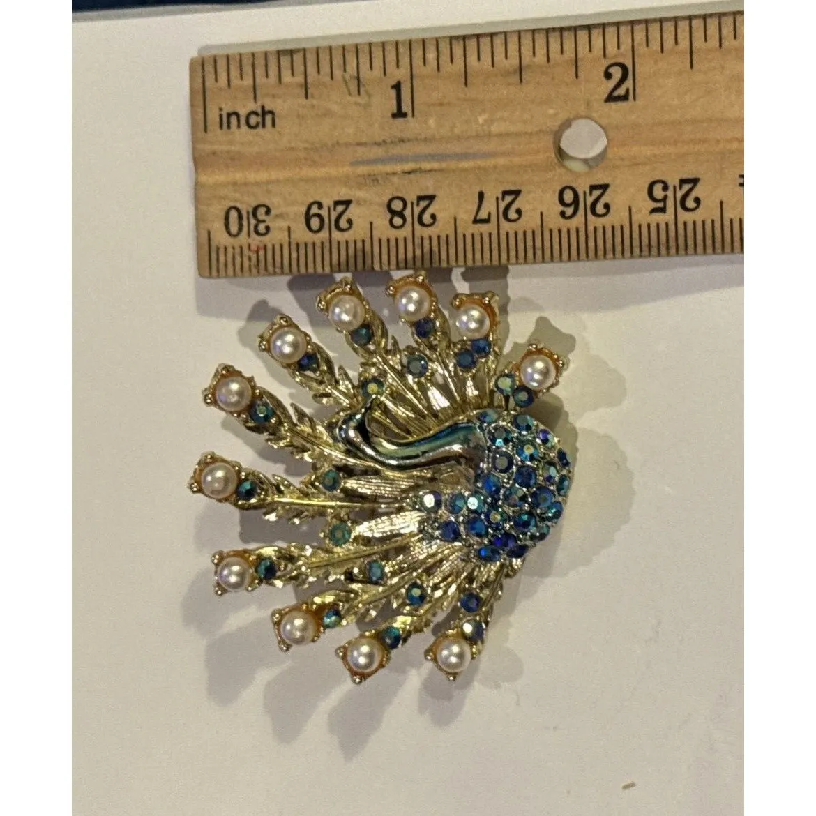 Vintage Peacock Brooch Pin Faux Pearls Blue AB Rhinestones & Enamel Gold - Image 2