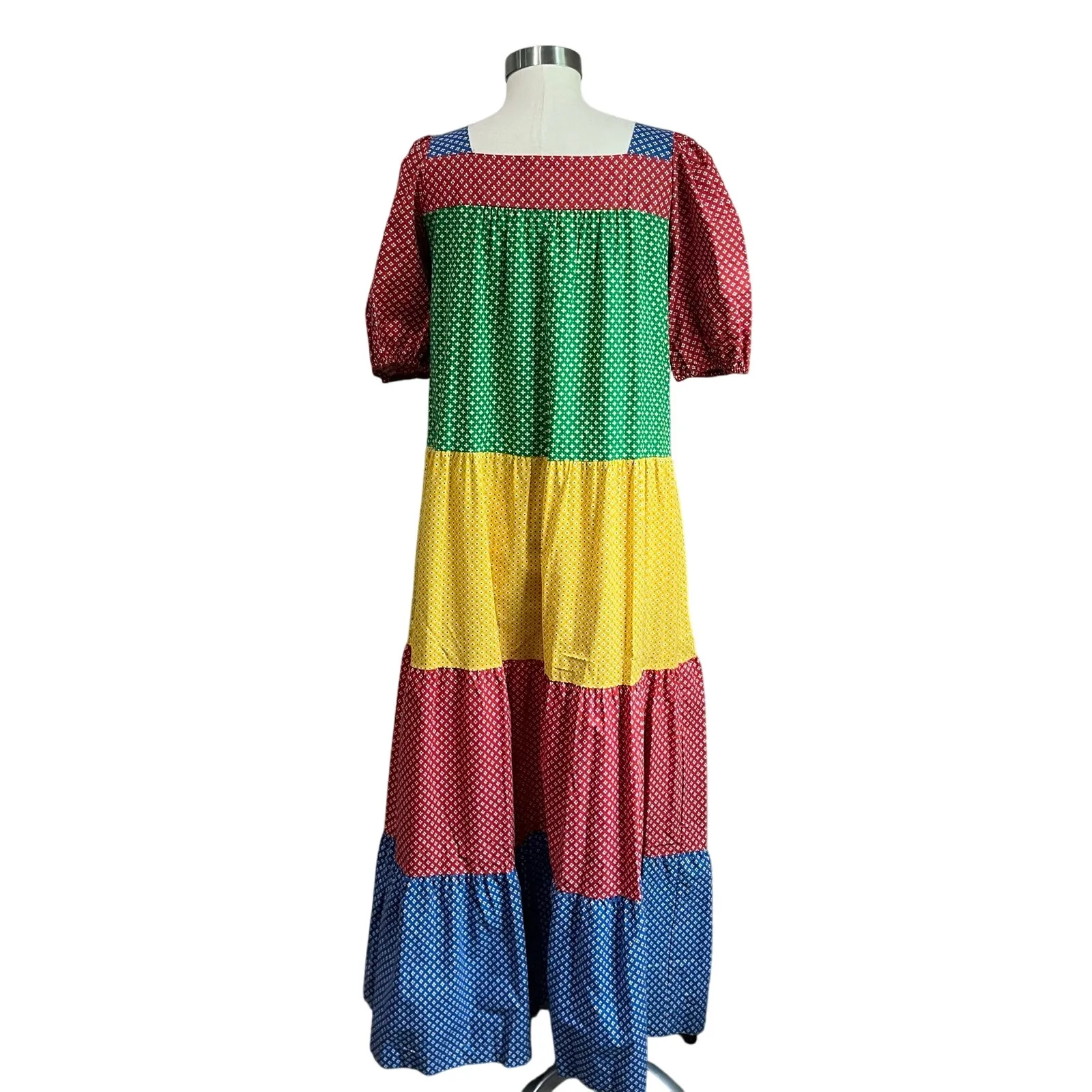 70~80's USA Flower Motif Pattern Colorful Tiered Union Made Chore Dress Sz L Red Size L - Image 3