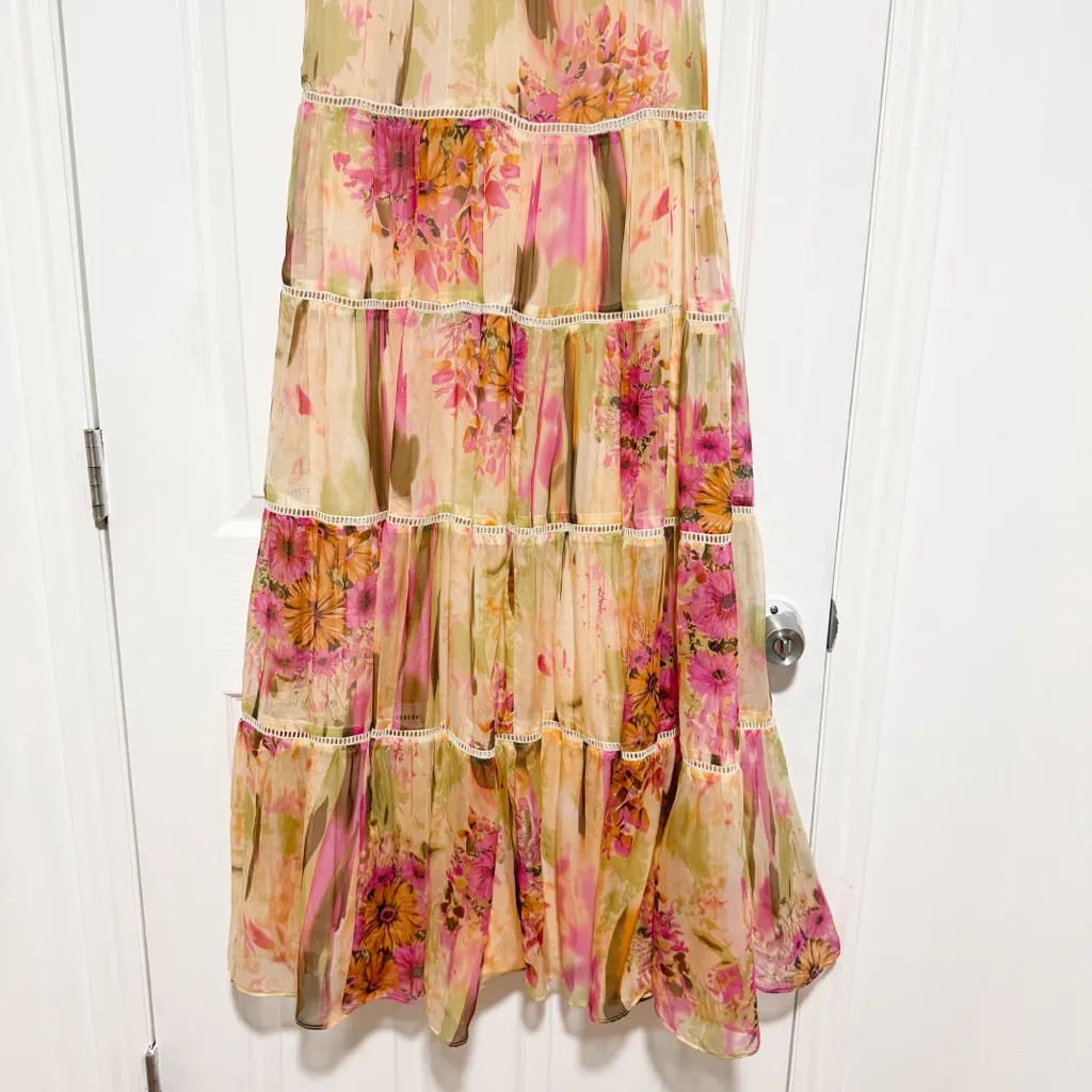 Sundance Floral Silk Tiered Lace Trim Detailing Maxi Dress Size 4 - Image 13