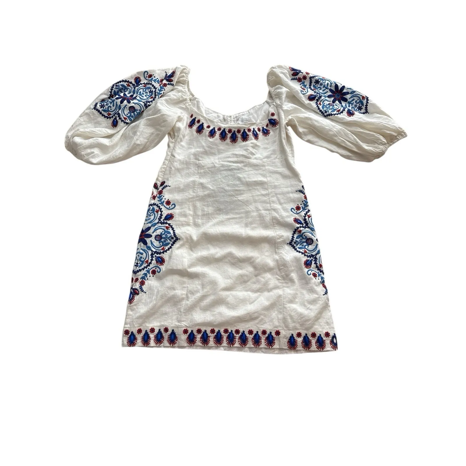 NWT FARM Rio Puff Sleeve Dress Medium Off White Navy Embroidery Boho Linen - Image 11