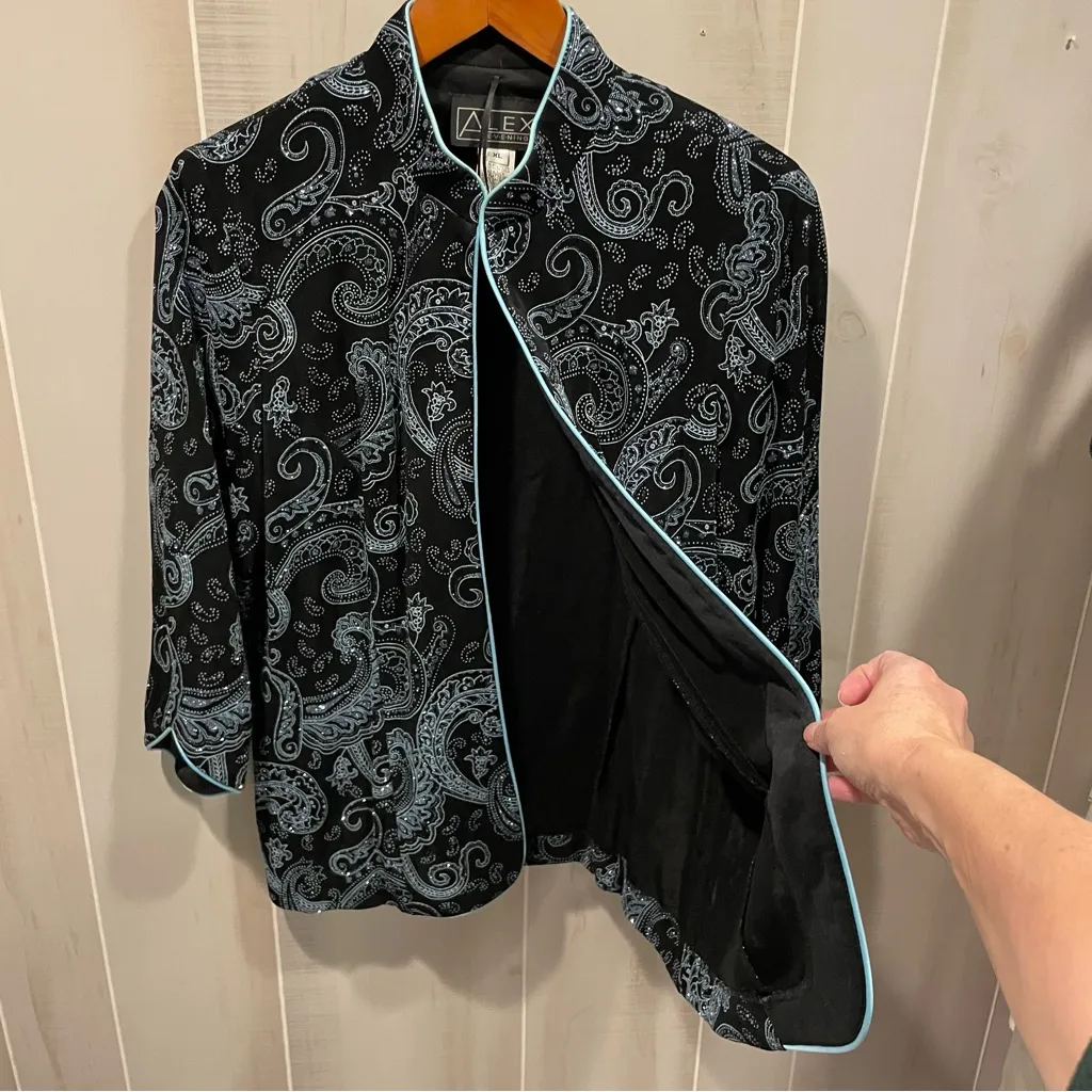 Cute Vintage 90s sparkly slinky swirl baby blue cardigan mandarin collar top - Image 9