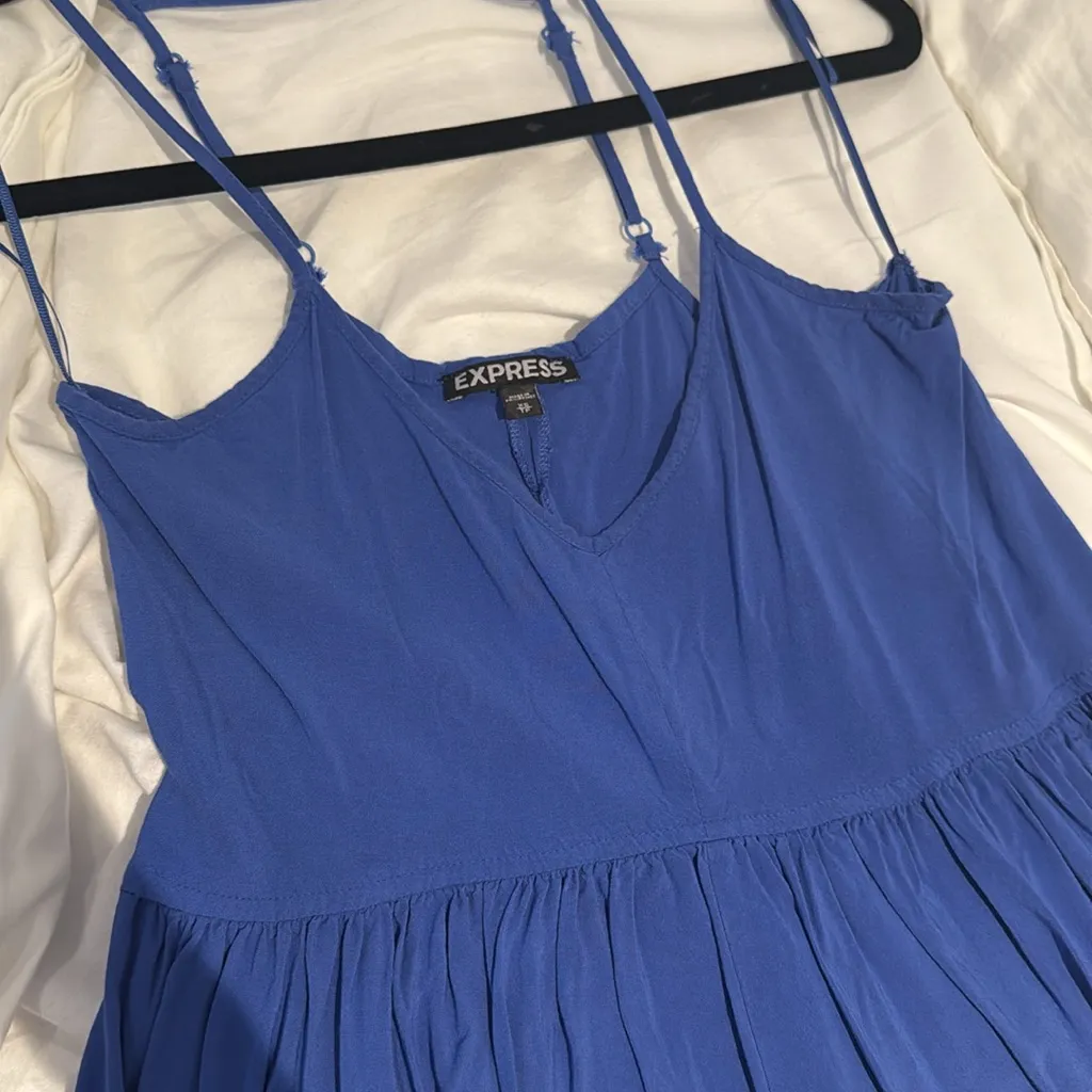 EXPRESS women XS blue adjustable strap dress V neckline flared loose skatter fit - Image 7