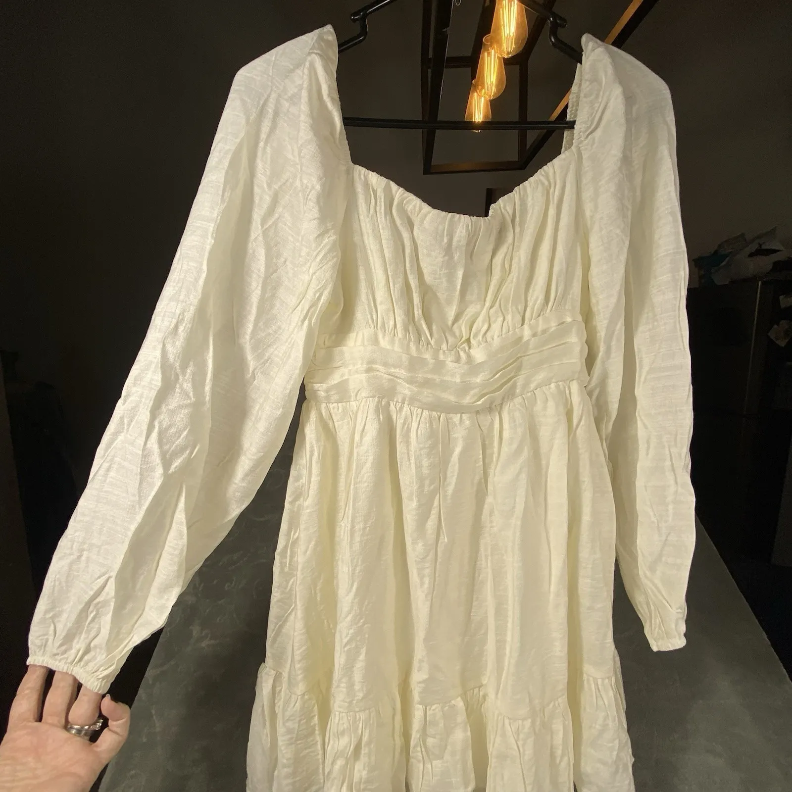 Windsor Flirty Babydoll Dress SmalI Ivory Square Neck Sexy Tiered Ruffle Hem NWT - Image 2