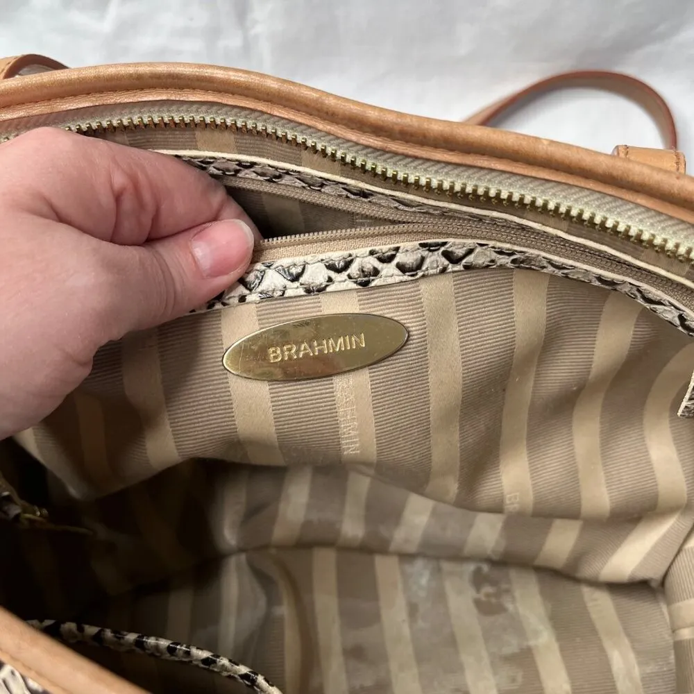 Brahmin Snake Embossed Cream Gray Asher Leather Tote Bag With Tassel Charm - Image 5