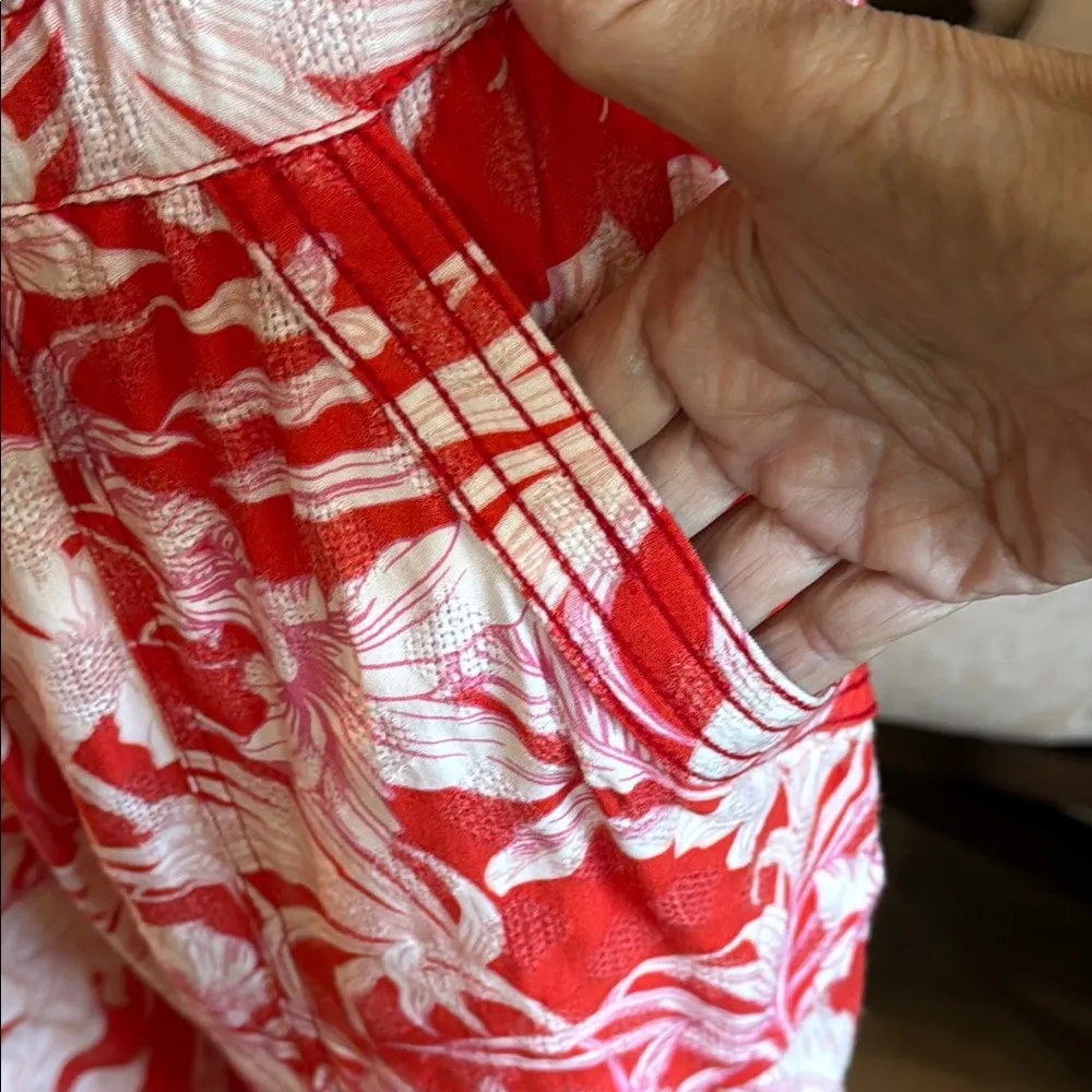 ANOTHER LOVE Tropical Print Red/White Tie Stretch Waist Joggers Pants Size XL Red - Image 5