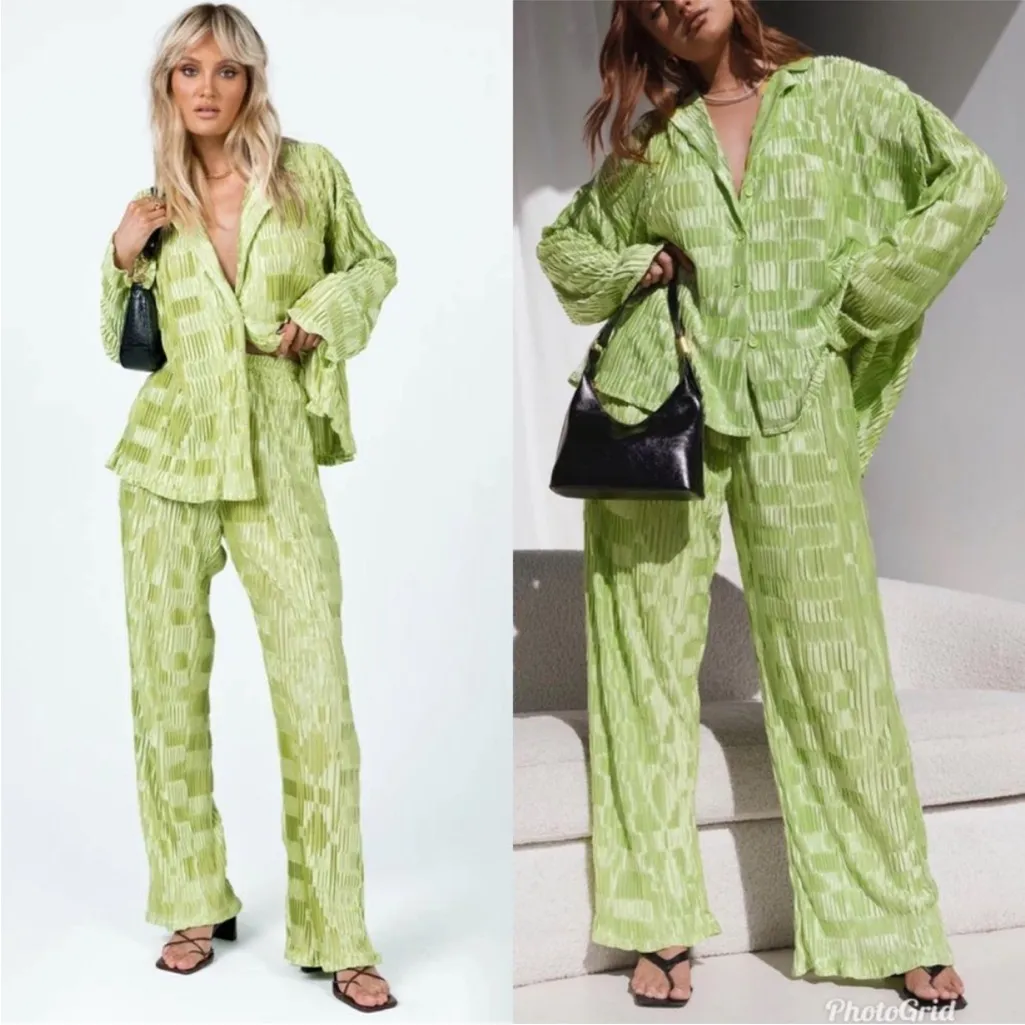 NWT Princess Polly Lila Green Pleated Satin Plisse Wide Leg Pants - Image 3