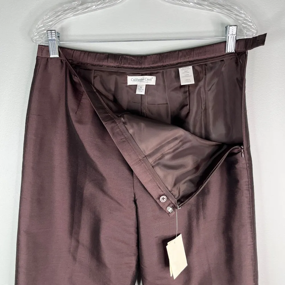 Coldwater Creek Silk Flat Front Side Zip Pants Brown 10 Lined New - Image 4