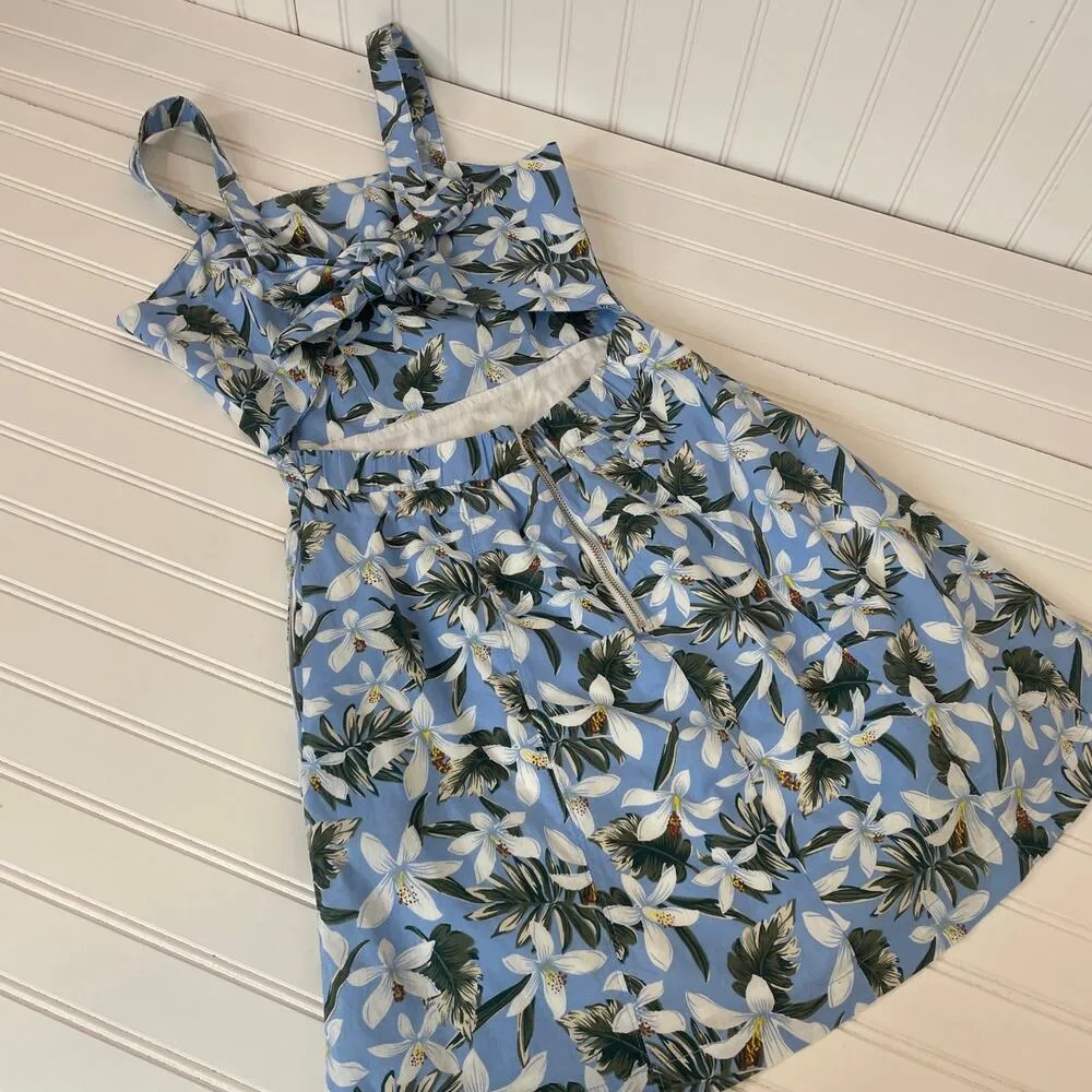 Aqua Blue Green Floral Hawaiian Floral Mini Dress Cut Out Back Cotton Size XS - Image 6