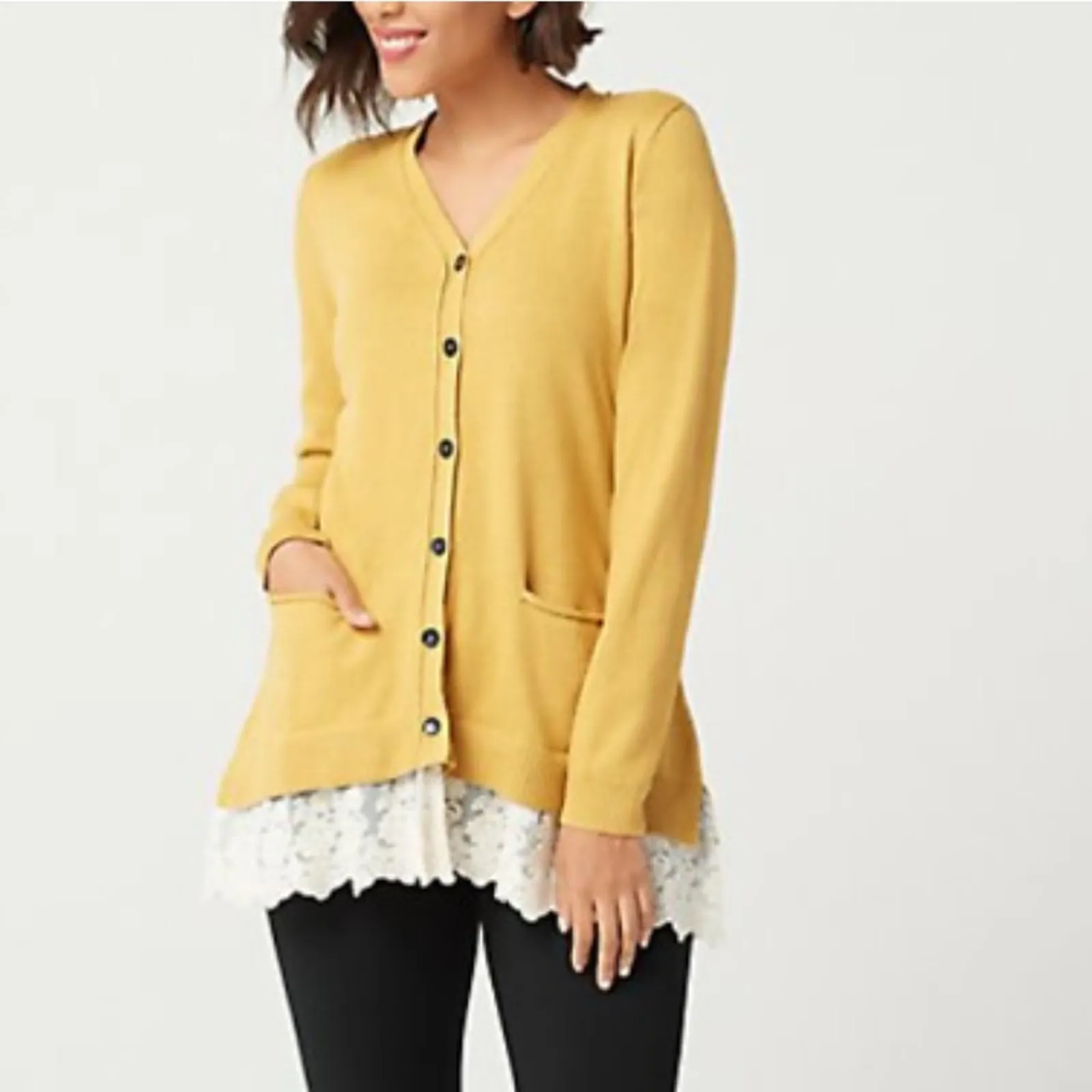 LOGO Lori Goldstein Cardigan Sweater Lace Trim Cottage Mustard Gold Pockets Fall - Image 2