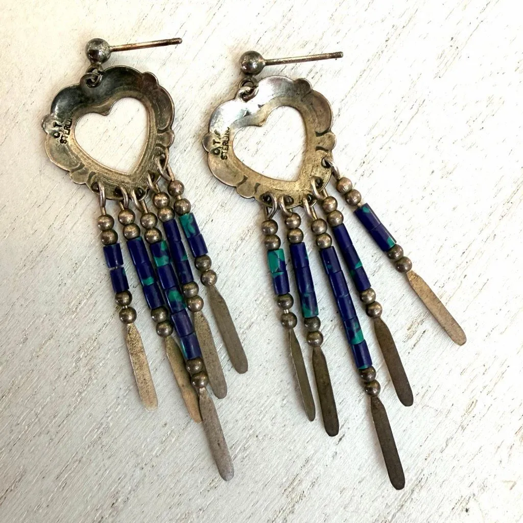 Sterling Silver Heart Dangle Earrings with Blue Stone Beads – Vintage - Image 7