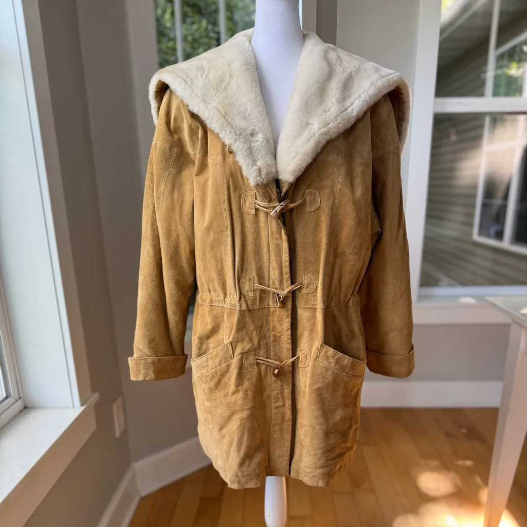 Vintage Wilson’s Tan Suede Leather Anorak Drawstring Jacket Faux Fur Hood Large - Image 15