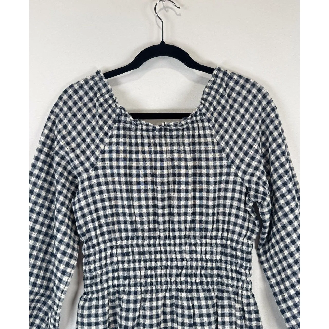 Madewell Womens Top Blue Sophie Textured Plaid Smocked Peplum Blouse Peasant XS - Image 10