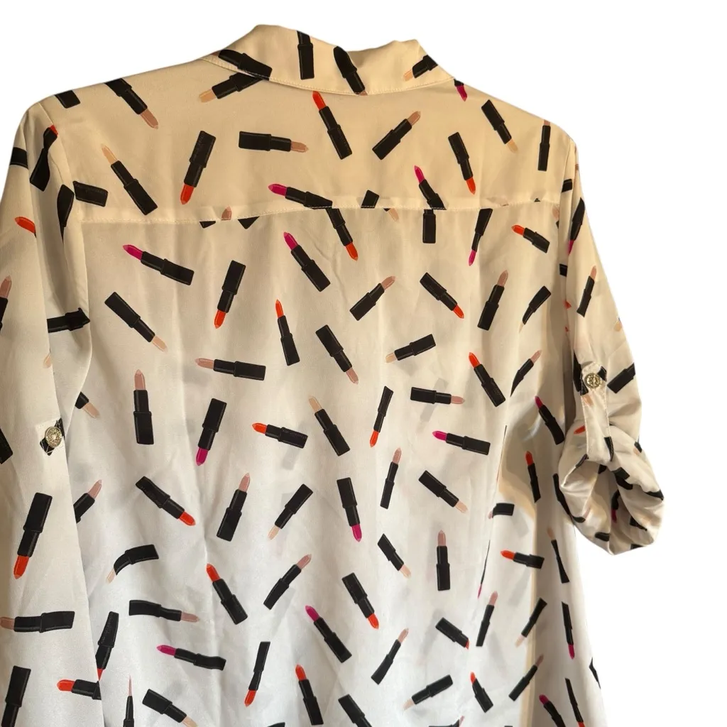 Karl Lagerfeld Paris Women’s White Lipstick Pattern Button Down Shirt Size XL - Image 6