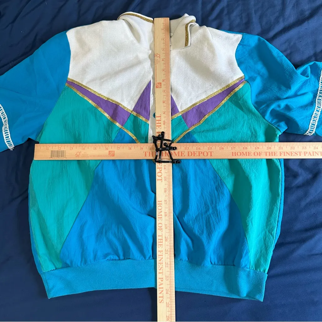 Teddi Vintage 80’s White and Teal Half Button Up Shirt with Shoulder Pads Blue Size L - Image 7