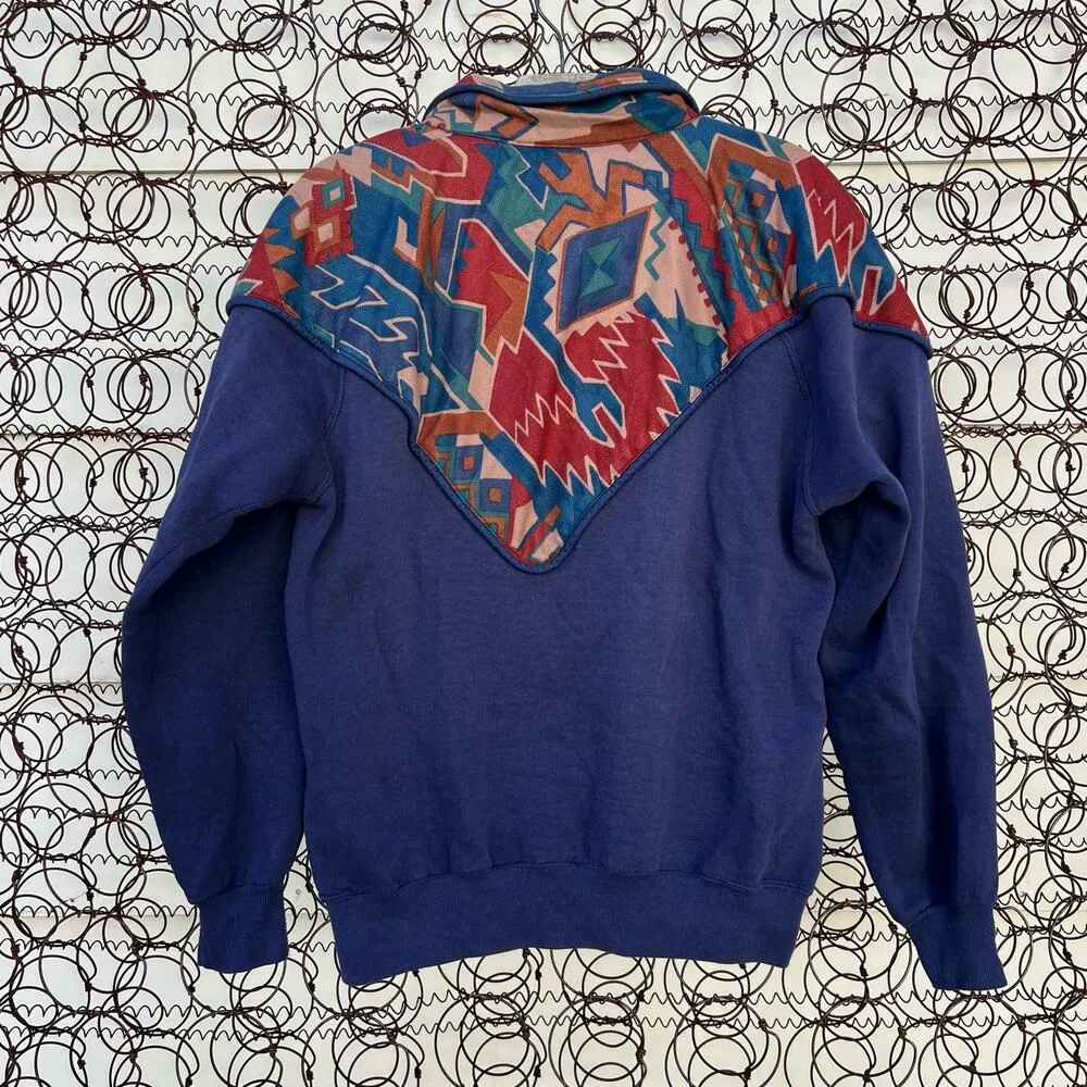 Vintage 90s Southwestern Aztec Cardigan Sweatshirt Boho Earth Tone LARGE Blue - Image 3