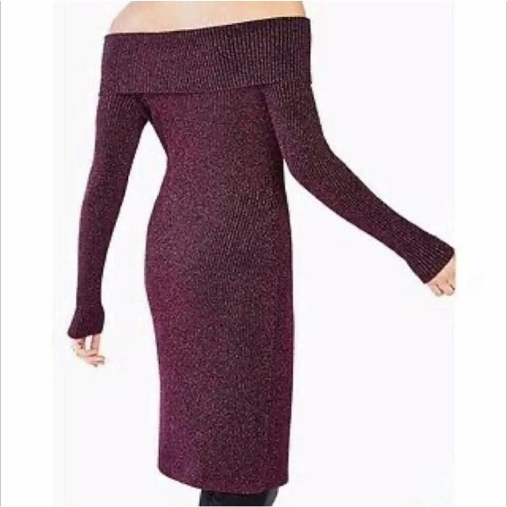 BCBG MAX AZRIA LAURIE OFF THE SHOULDER SWEATER DRESS LARGE METALLIC BURGUNDY - Image 3